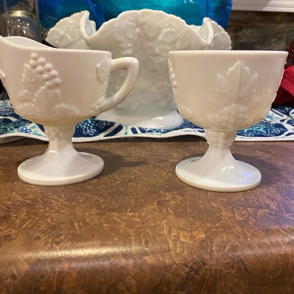 Milk glass lot: creamer sugar pitchers vases